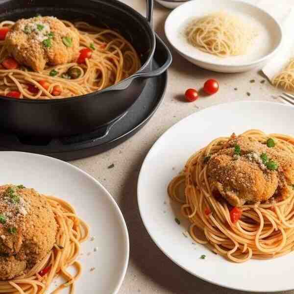 Спагетти с курицей и овощами